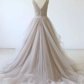 Beautiful A Line V Neck Gray Long Prom Dress, Evening Dresses With Ruffles    cg19618