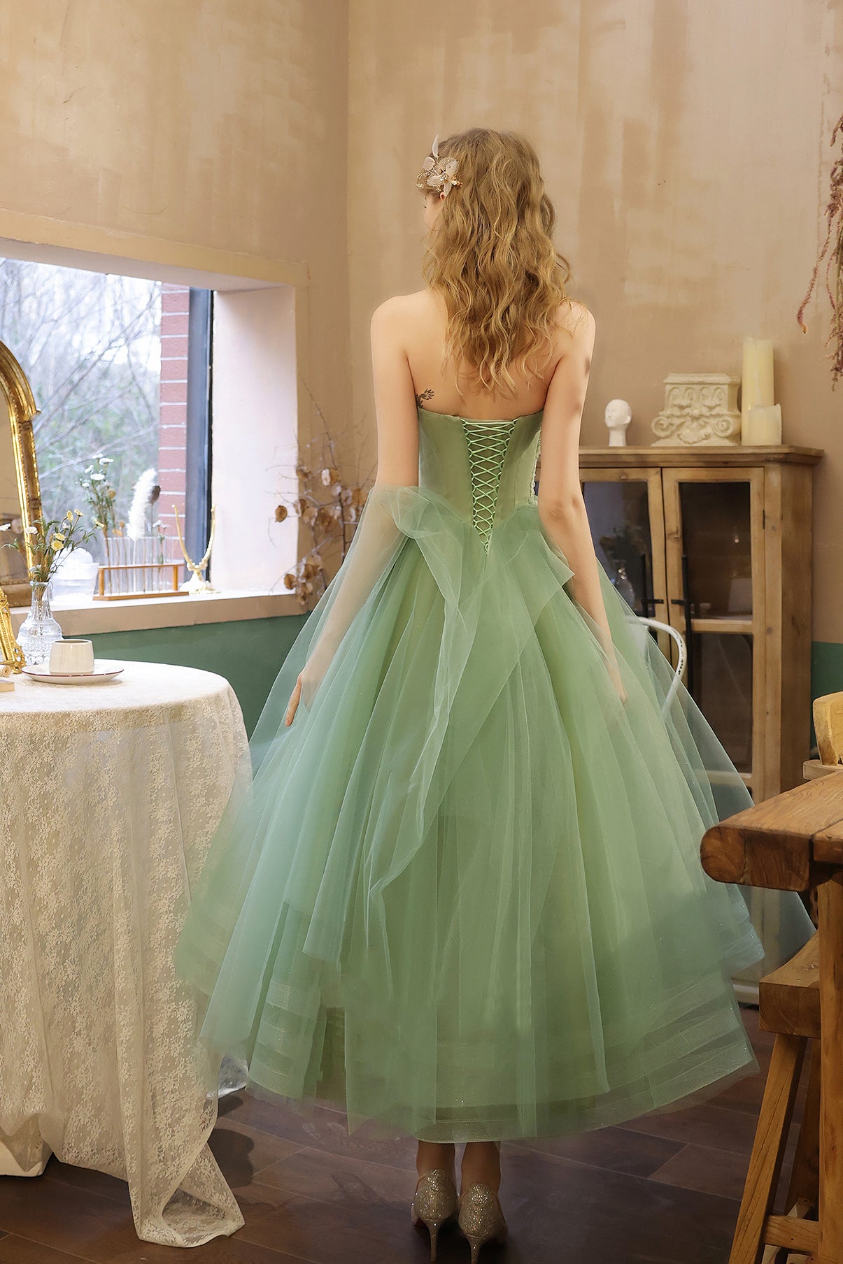 GREEN TULLE SHORT PROM DRESS GREEN EVENING DRESS     cg19637