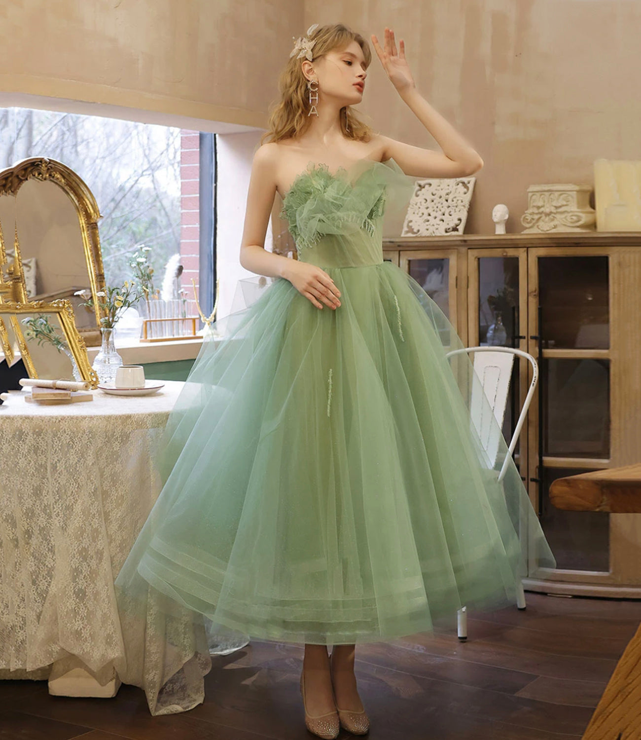 GREEN TULLE SHORT PROM DRESS GREEN EVENING DRESS     cg19637