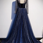 Navy Blue Long Sleeves Shiny Sparkle Long Evening Dress, Sequins Blue Wedding Party prom Dress   cg19682
