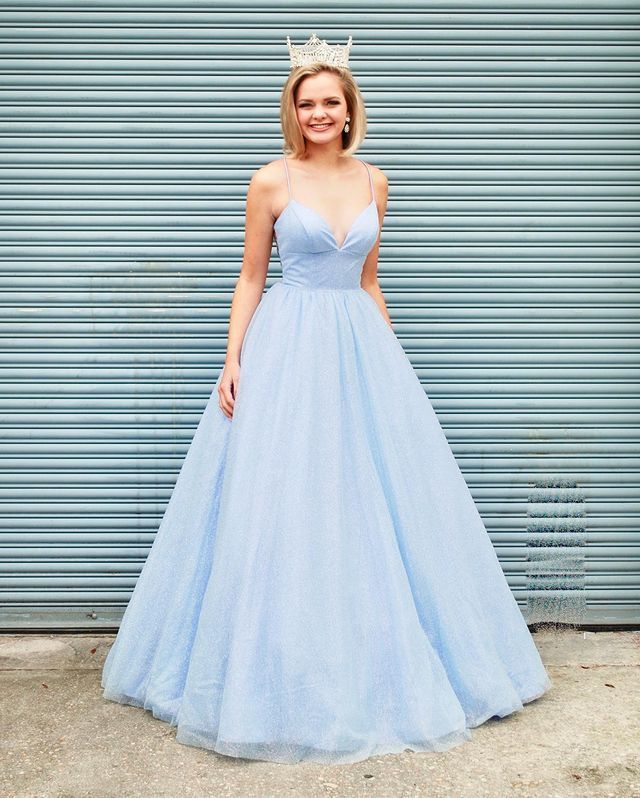 Cute Sparkly Ball Gown V Neck Straps Light Blue Prom Dresses  cg19685