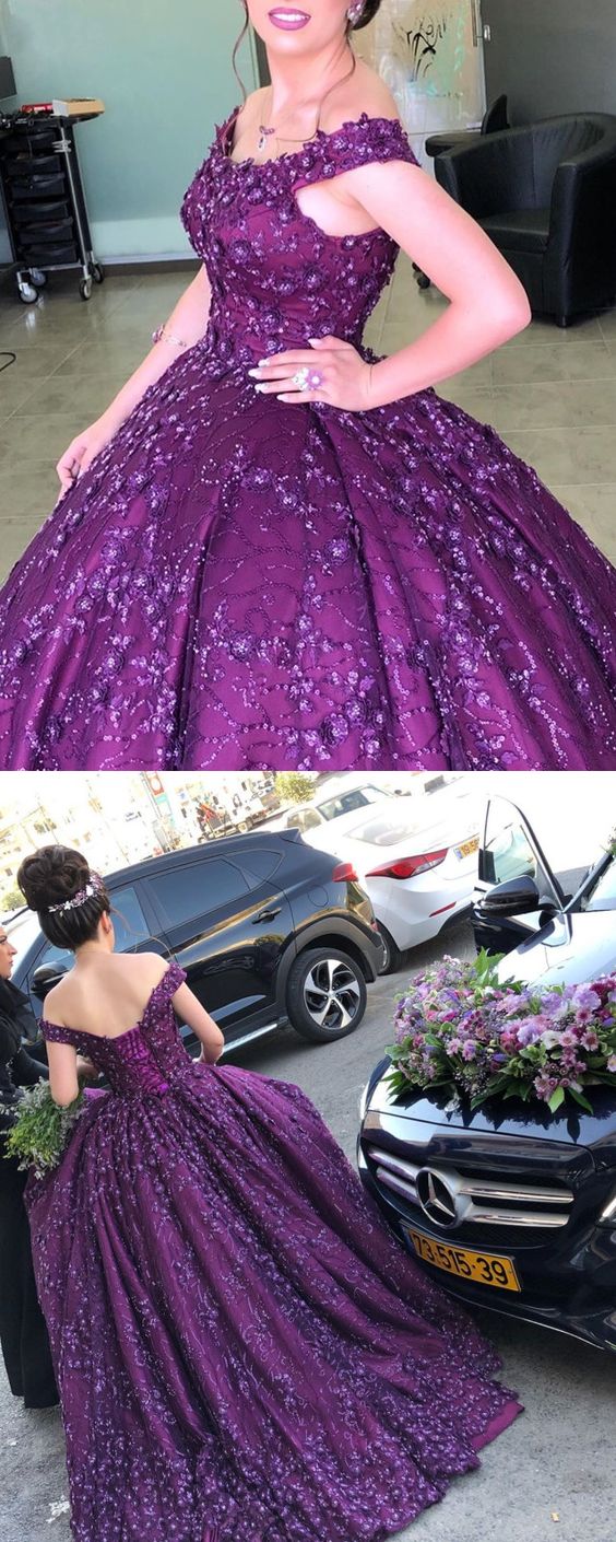 Elegant Purple Lace Ball Gown Off The Shoulder Quinceanera prom Dress For Sweet 16    cg19726