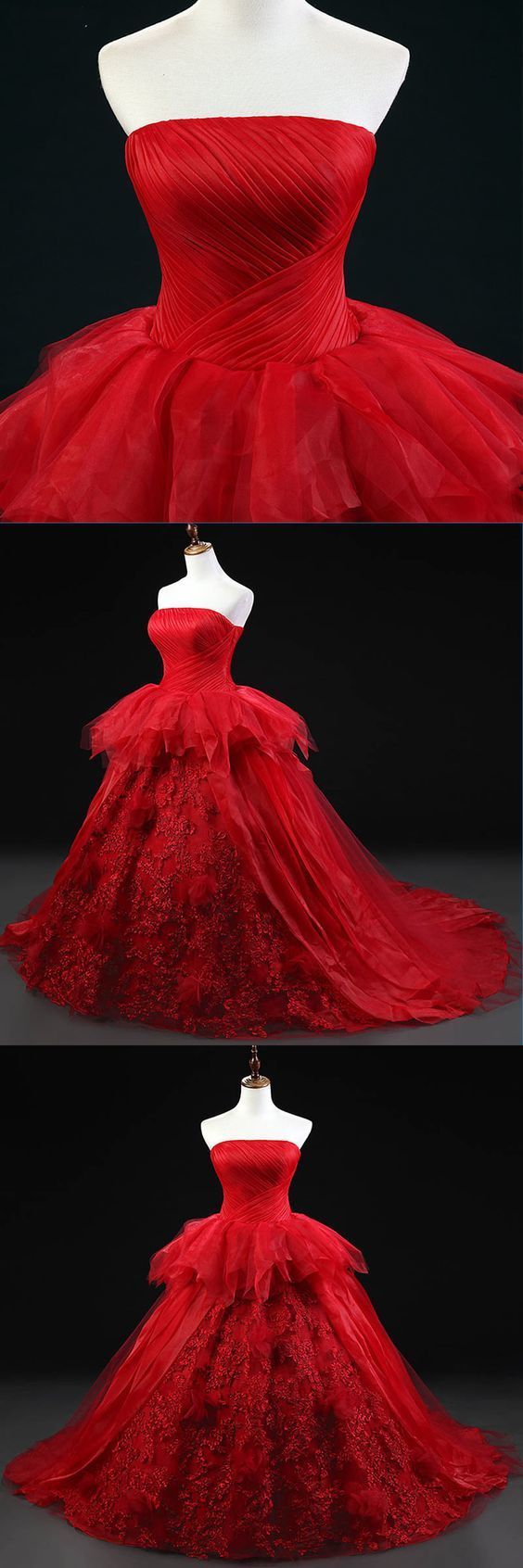 Red tulle strapless A-line ball gown, red lace customize evening dress Prom Dresses   cg19792
