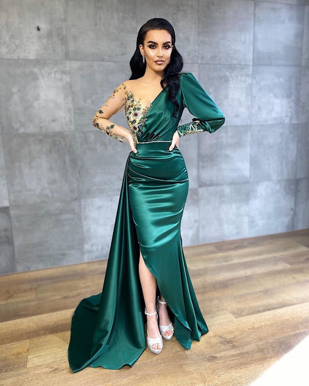 HIGH QUALITY SATIN LONG SLEEVES MERMAID EVENING GOWNS PROM DRESS  cg19797