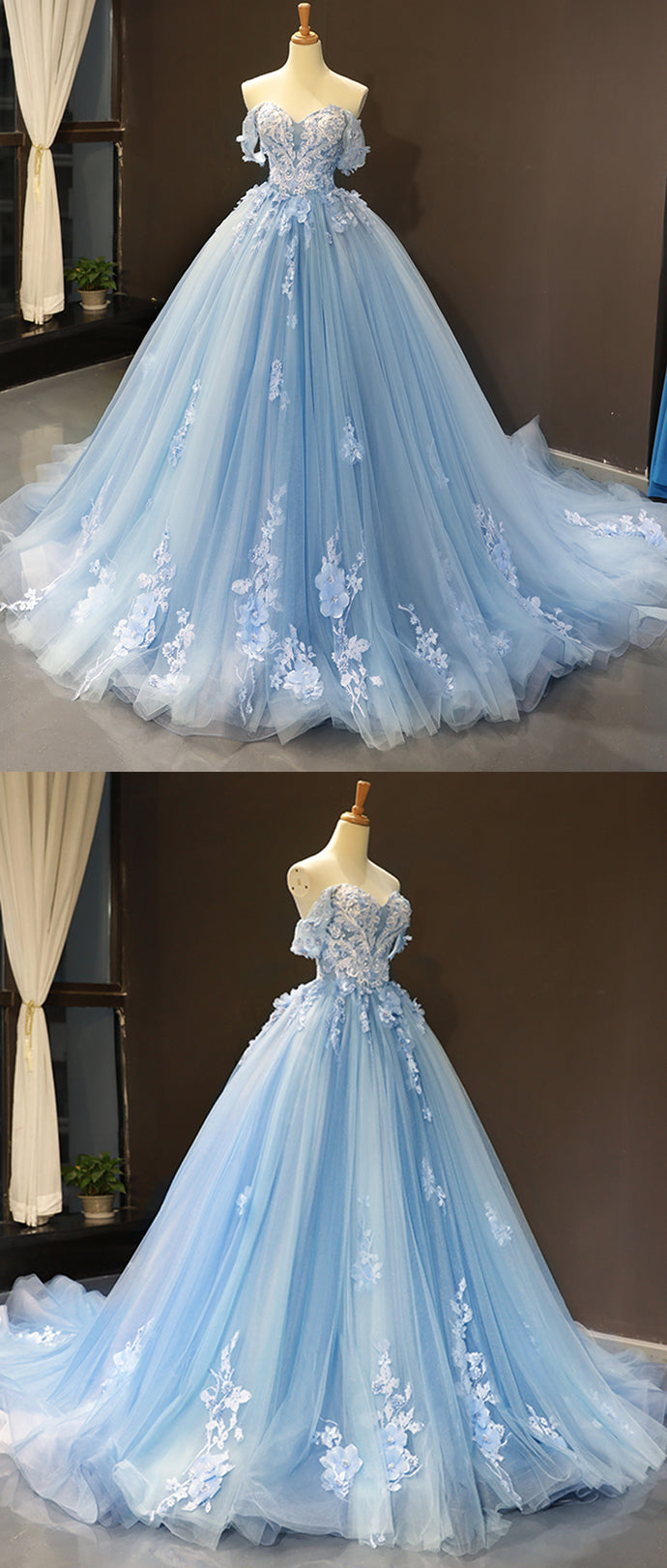 Sky Blue Tulle Off Shoulder Sweetheart Neck Long Lace Applique Senior Prom Dress, Evening Dress    cg19798
