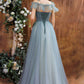 SHINY TULLE BEADS LONG PROM DRESS BLUE EVENING DRESS    cg19810