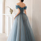 BLUE TULLE LONG A LINE PROM DRESS OFF SHOULDER EVENING DRESS    cg19811