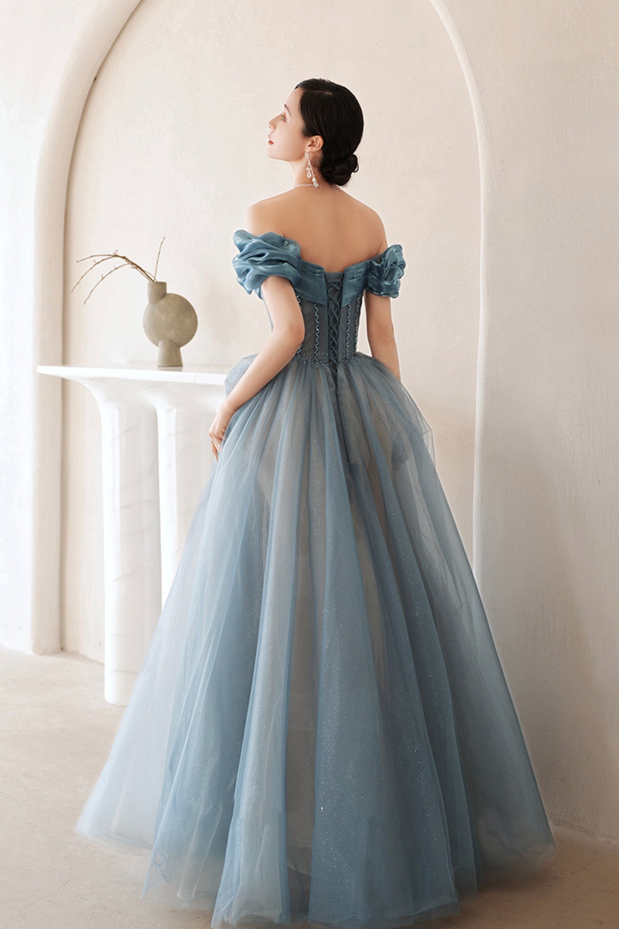 BLUE TULLE LONG A LINE PROM DRESS OFF SHOULDER EVENING DRESS    cg19811