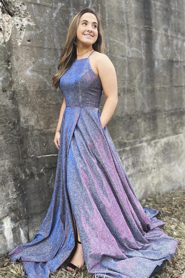 Blue satin long A line prom dress blue evening dress    cg19819