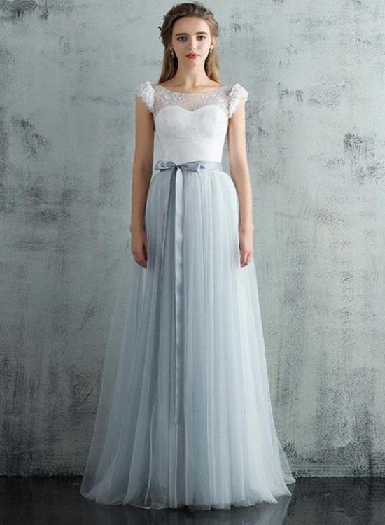 Light Grey Tulle Long Cap Sleeves Wedding Party Dress, Grey A-Line Formal Dress Prom Dress Evening Dress    cg19837