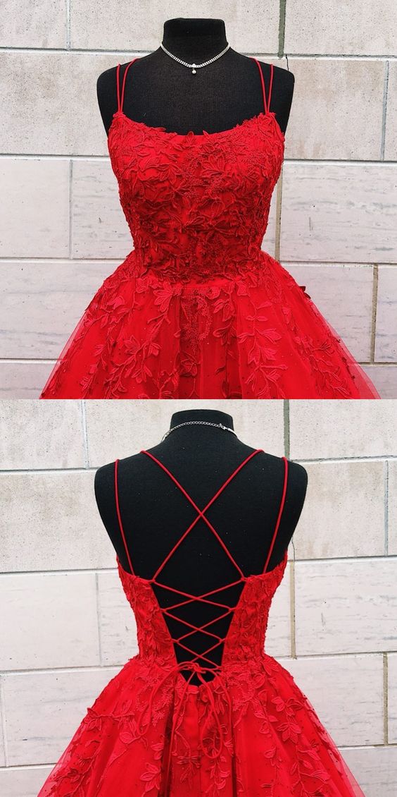 gorgeous red long prom dres with double straps, lace up back and lace appliques    cg19856