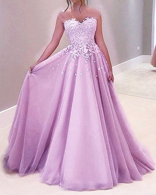 Elegant lilac tulle prom dresses sweetheart lace appliques sweetheart princess ball gown for teens  cg19889