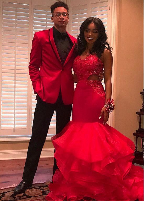 Organza Spaghetti Straps Neckline Mermaid Evening Dress With Lace Appliques Prom Dresses     cg19905