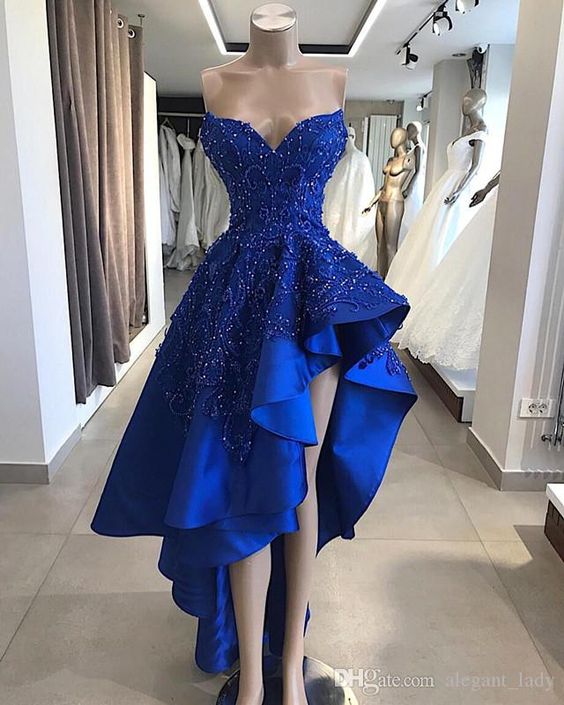 Royal Blue High Low Evening Party Dresses Sweetheart Beaded Lace Applique Ruffles Skirt Summer Occasion Prom Gowns  cg1995