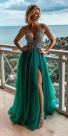 Fashion V neck Green Tulle Prom Dress, Split Slit Evening Party Dresses    cg19953