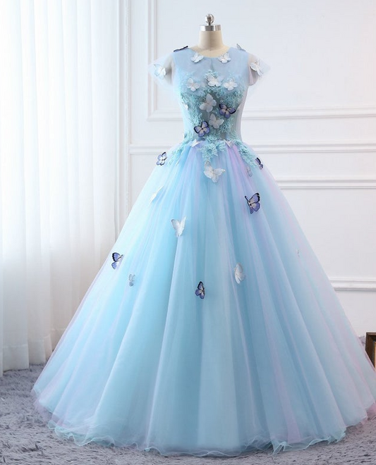 Prom Ball Gown Plus Size Long 2021 Women Formal Dresses Sky Blue Butterfly flower Quinceanera Dress    cg20038