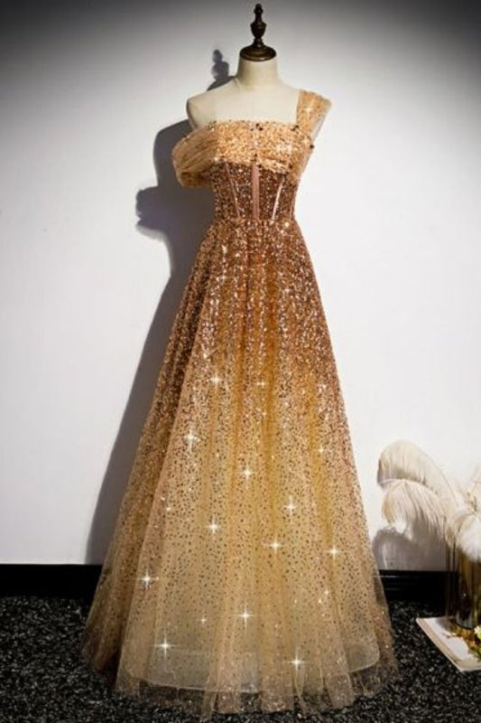 Glitter One Shoulder Sequined Gold Prom Dress    cg20051