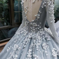 Romantic light grey long sleeves floral lace applique ball gown prom dress with court train   cg20084