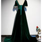 Dark Green Velvet Short Sleeves A-Line Bridesmaid Dress, Long Prom Dress Evening Dress   cg20089