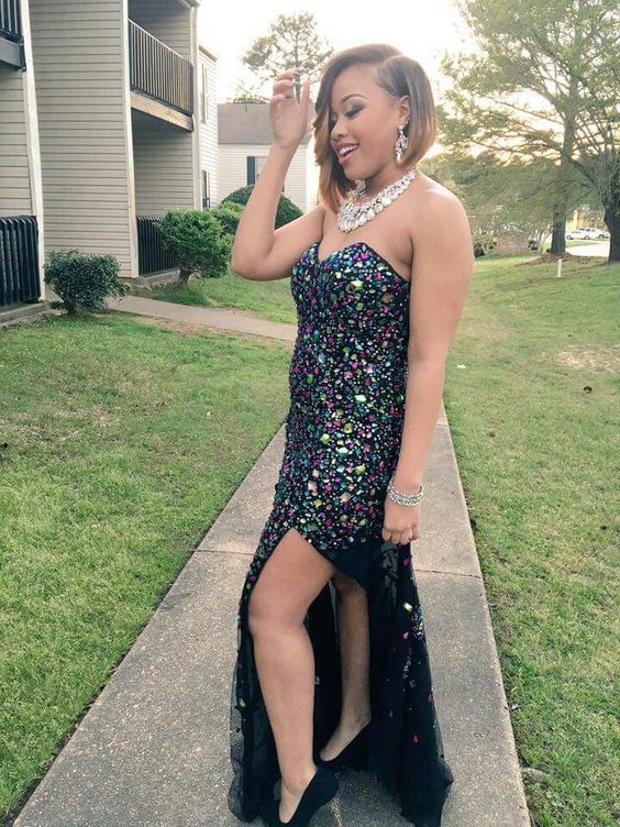 Sparkle mermaid colorful beading long formal dress prom dress with side slit    cg20096