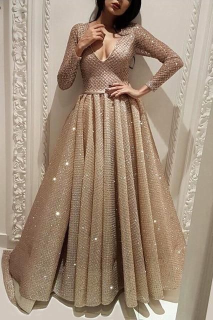 Long Sleeve A Line V Neck Gold Sequins Long Floor Length Prom Dresses    cg20109