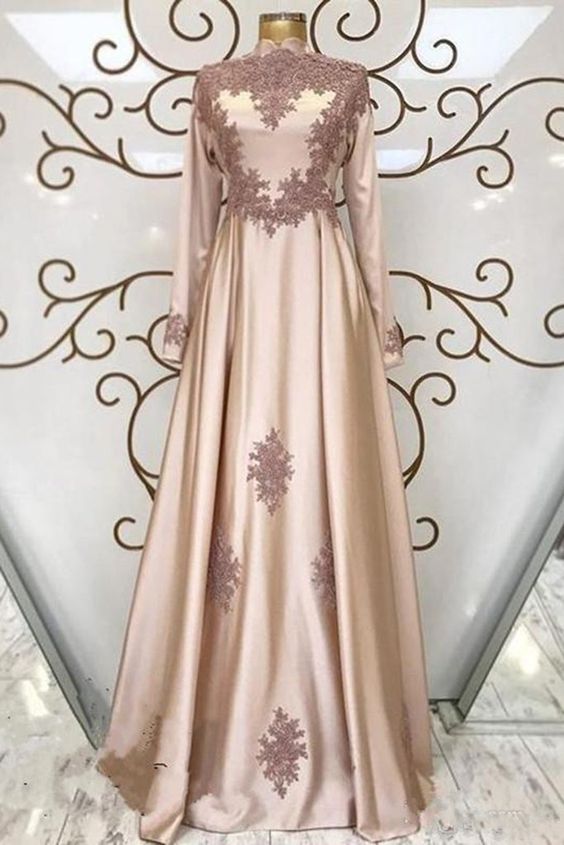 Champagne Satin High Neck Arabic Long Formal Prom Dress With Long Sleeve     cg20114
