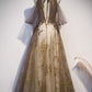 Unique Gold Flower Lace Long Tulle Prom Dress Gray Tulle Formal Dress    cg20115