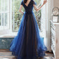 Stars Moon Sequins Prom Dress Navy Blue Long Evening Dress V Neck Banquet Dress   cg20120