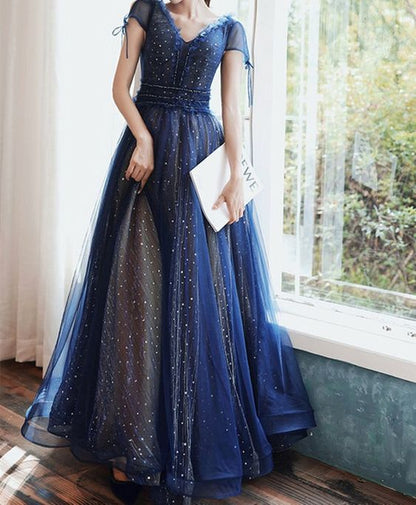 Stars Moon Sequins Prom Dress Navy Blue Long Evening Dress V Neck Banquet Dress   cg20120