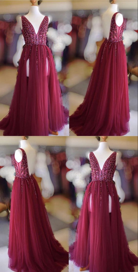 Long burgundy tulle double split formal prom dresses sequins beaded v neck evening gown   cg20124