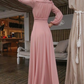 V Neck Long Sleeves Pink Holiday Dress with Appliques, Split Evening Party Dress Prom Dresses     cg20129