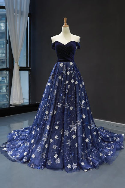 Elegant Off the Shoulder Navy Blue Prom Dress    cg20132