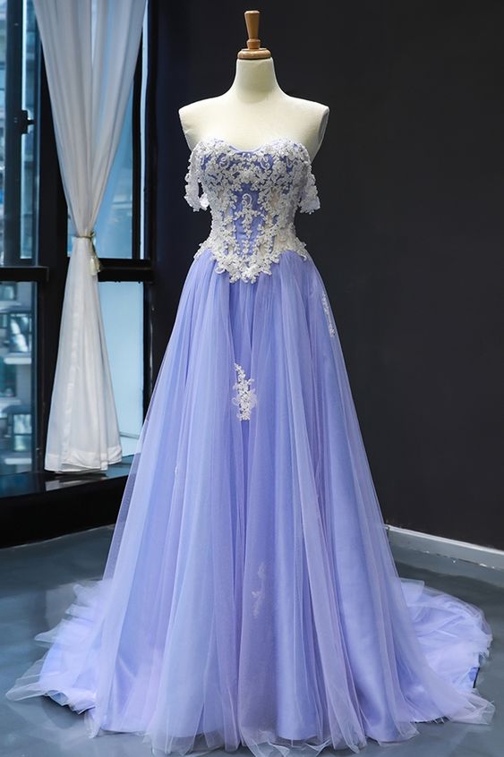 off the shoulder lavender tulle and white lace appliques prom dress    cg20134