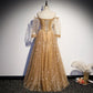 princess off the shoulder gold prom dress with long sleeve    cg20139