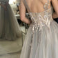 Gray tulle lace long A line prom dress evening dress    cg20144