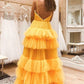 V Neck Backless Yellow Tulle Layered Long Prom Dresses, Layered Yellow Formal Evening Dresses   cg20145