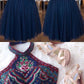 Two-Piece High Neck Short Tulle Navy Blue Homecoming Dress with Embroidery cg202