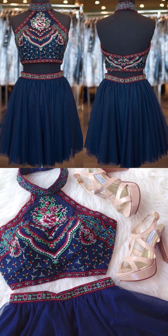 Two-Piece High Neck Short Tulle Navy Blue Homecoming Dress with Embroidery cg202