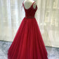 BURGUNDY TULLE BEADS LONG A LINE PROM DRESS EVENING DRESS    cg20222