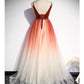 long prom dress Beautiful Red Velvet And Gradient Tulle Beaded Party Dress, Straps Long Formal Gown   cg20252