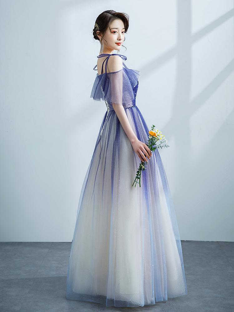 Purple Tulle Gradient Straps Beaded Long Party Dress, New Style A-Line Tulle Prom Dress    cg20253