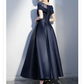 Navy Blue Satin Beaded New Style Long Party Dress, Blue Cap Sleeves Prom Dress   cg20333