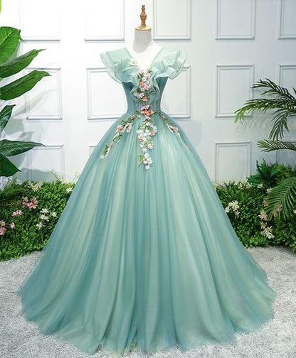 Green tulle lace long prom dress, green evening dress cg2037