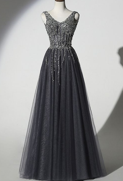 Stunning Beading Long Prom Dresses with Straps A Line Floor Length Black Prom/Evening Dress  cg2038