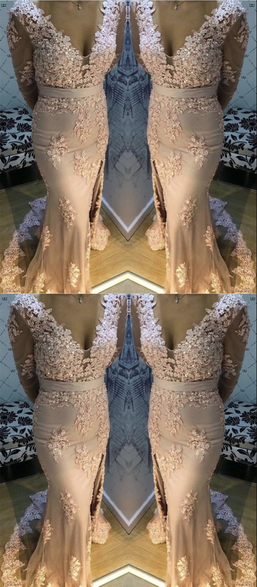 Mermaid V Neck Split Prom Lace Long Sleeves Dresses    cg20382