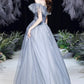 GRAY TULLE LACE LONG A LINE PROM DRESS EVENING DRESS    cg20384