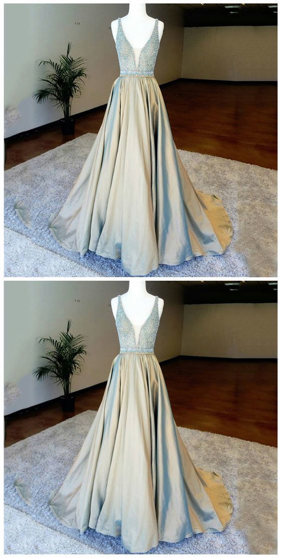 A-Line Deep V-Neck Floor-Length Light Champagne Prom Dress  cg2039