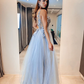 Tulle Prom Dresses V Neck 3D Lace Flowers Beaded  cg20422