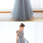 Gray blue tulle long prom dress, gray blue evening dress cg2045