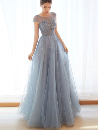 Gray blue tulle long prom dress, gray blue evening dress cg2045